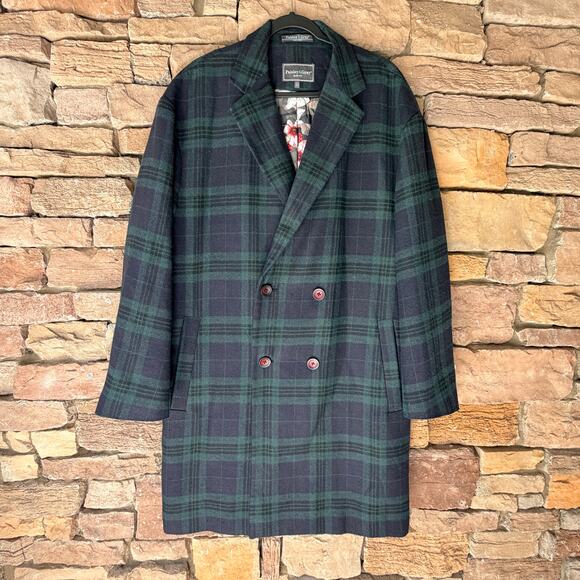 PAISLEY & GRAY XL WOOL TARTAN PLAID NAVY GREEN DOUBLE BREASTED LONG Men OVERCOAT - Picture 1 of 14